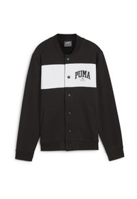 Czarno-biały sweter z zamkiem na guziki, z dwoma bocznymi kieszeniami oraz logo "PUMA" z przodu. Wykonany z gładkiego materiału.