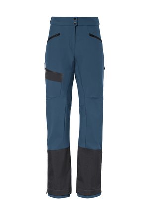 Blauwe softshellbroek met een zwart onderste paneel, ritssluitingen op de zakken aan de voorkant en een verstelbare tailleband. Geschikt voor buitenactiviteiten.