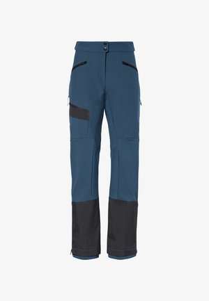 Blaue Softshell-Hose mit schwarzem unterem Einsatz, Reißverschlusstaschen auf der Vorderseite und verstellbarem Bund. Geeignet für Outdoor-Aktivitäten.