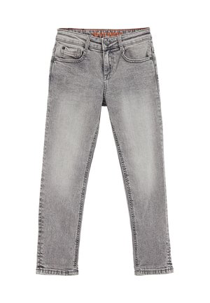 Szare dżinsy z prostymi nogawkami, pięcioma kieszeniami i wyblakłym wykończeniem. Posiadają pomarańczowe logo "BLUE RIDGE" na pasku.