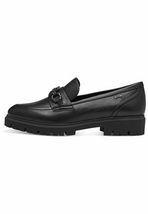 Sorte læder loafers med rund tå, dekorative beslag og en kraftig gummisål med en savtakket mønster for bedre greb.