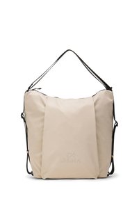 Bolso tote de tela suave en color beige con correas de hombro ajustables negras y logo DEHA en el centro frontal.