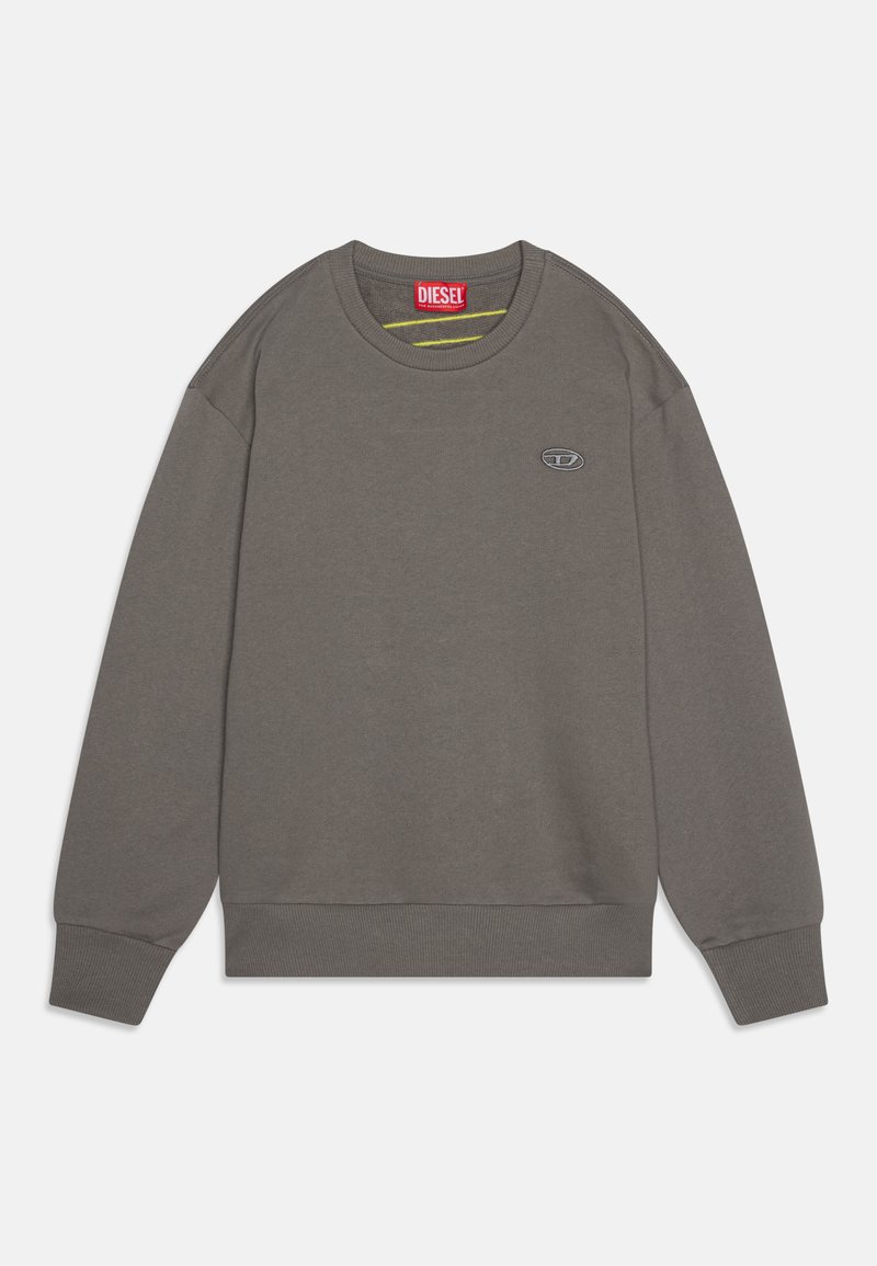 Felpa grigia in cotone con colletto rotondo, polsini e orlo a costine. Presenta un piccolo logo sul petto e un colletto interno a contrasto.