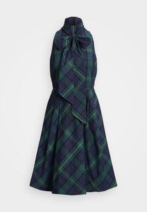 Ærmeløs ternet kjole med høj krave og sløjfe, tætsiddende overdel, udvidet nederdel i grøn, marineblå og gul tartanmønster.
