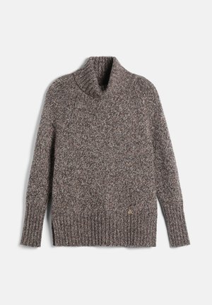 Pull à col roulé en maille marbrée marron et grise avec manches longues, poignets, ourlet et col côtelés, posé à plat sur un fond blanc.