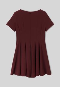 Robe bourgogne à manches courtes, avec un col rond et une jupe évasée présentant des plis verticaux. Fermeture éclair au dos. Texture de tissu lisse.
