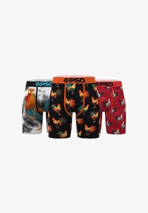Drei Paar PSD-Boxershorts mit Hahnmustern; schwarz mit orangefarbener Taille, rot mit rotem Bund und schwarz/weiß mit blauem Bund.