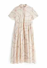 Beige kjole med korte ærmer, knappet hals, opsamlet talje og kædemønster i fersken og sort over hele stoffet.