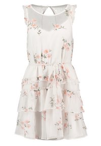 Weißes Blumenkleid mit Rüschendesign, verziert mit rosa Rosen und grünen Blättern, einem Bindegürtel in der Taille und einem Schlüsselaugen-Detail im Rücken.