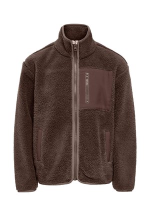 Veste polaire marron foncé avec col montant, fermeture éclair sur toute la longueur à l’avant, poche poitrine zippée et deux poches latérales.
