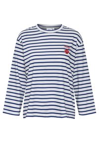 Koszula z długim rękawem w biało-granatowe paski, z czerwoną haftowaną grafiką na lewej piersi. Miękka tkanina z okrągłym dekoltem.