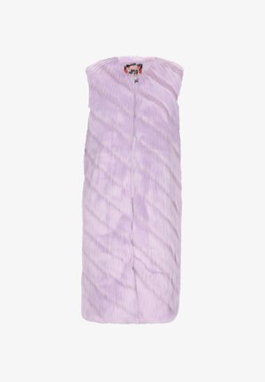 Lilla faux karus veste, sirgjoonega, ilma varrukateta ja diagonaalsete tekstuurikööridega. Omab täis ees sulgemist ja mustrit sisaldavat voodrit.