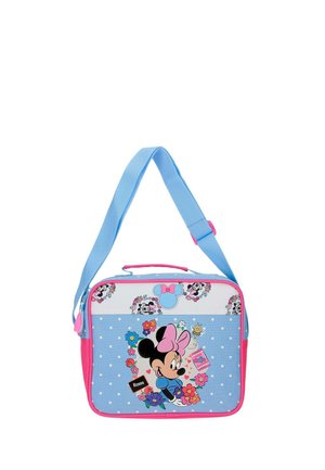 Bolso de hombro azul y rosa para niños con Minnie Mouse con un lazo rosa, rodeada de flores coloridas y lunares.