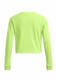 Langärmliges Crop-Top aus neongrüner Baumwolle. Verfügt über einen runden Halsausschnitt, gerippte Bündchen und eine glatte Textur. Einfaches, ungeschmücktes Design.