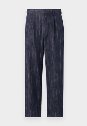 Navy striped trousers with a high-waisted design, pleated front, and straight leg. Made from lightweight fabric with subtle texture.