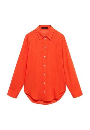 Long-sleeve shirt in bright orange with textured fabric. Features a collar, button-down front, and a curved hemline.