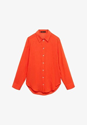 Long-sleeve shirt in bright orange with textured fabric. Features a collar, button-down front, and a curved hemline.