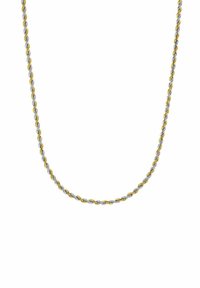 Collana a catena a corda attorcigliata bicolore con anelli alternati in oro e argento su sfondo bianco.