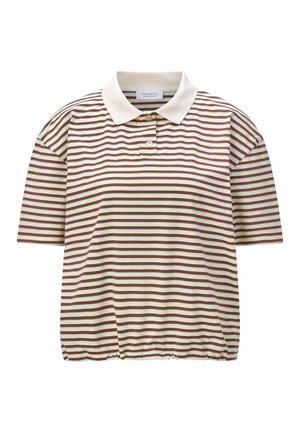 Short-sleeve polo shirt with brown and beige horizontal stripes, beige collar, two buttons, and elastic hem.