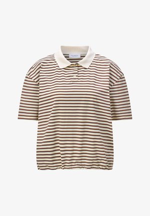 Short-sleeve polo shirt with brown and beige horizontal stripes, beige collar, two buttons, and elastic hem.