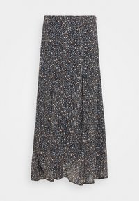 Falda midi floral con un fondo azul oscuro y pequeños patrones florales en blanco, beis y azul claro. Tejido ligero y fluido con una textura suave.