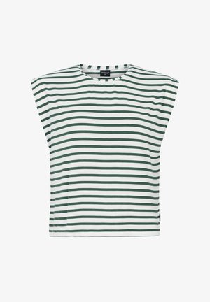 Prúžkovaný krátky rukáv top v bielej a tmavozelenej farbe, s okrúhlym výstrihom a voľným strihom, vyrobený z mäkkej bavlny.