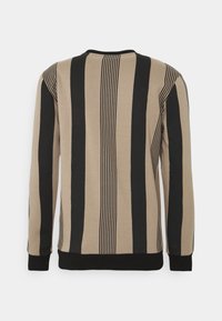 Pull beige avec de larges et fines rayures verticales noires, manches longues et poignets noirs, montré de dos sur un fond uni.