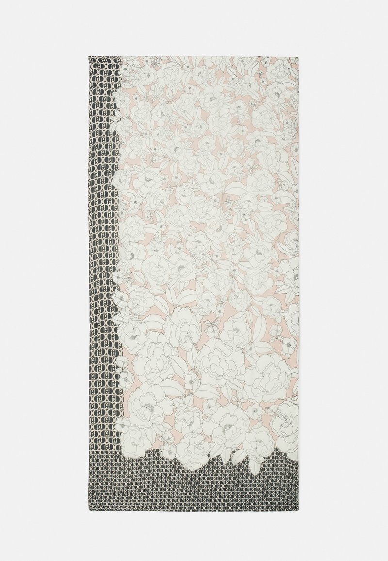 Écharpe rectangulaire avec un motif floral blanc sur fond rose clair, bordée d'un motif géométrique noir et blanc.