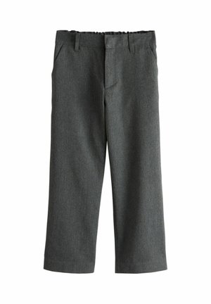 Dark gray straight-leg trousers with belt loops and side pockets, displayed flat on a white background.