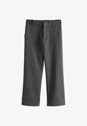 Pantalones de pierna recta en gris oscuro con trabillas para cinturón y bolsillos laterales, mostrados extendidos sobre un fondo blanco.