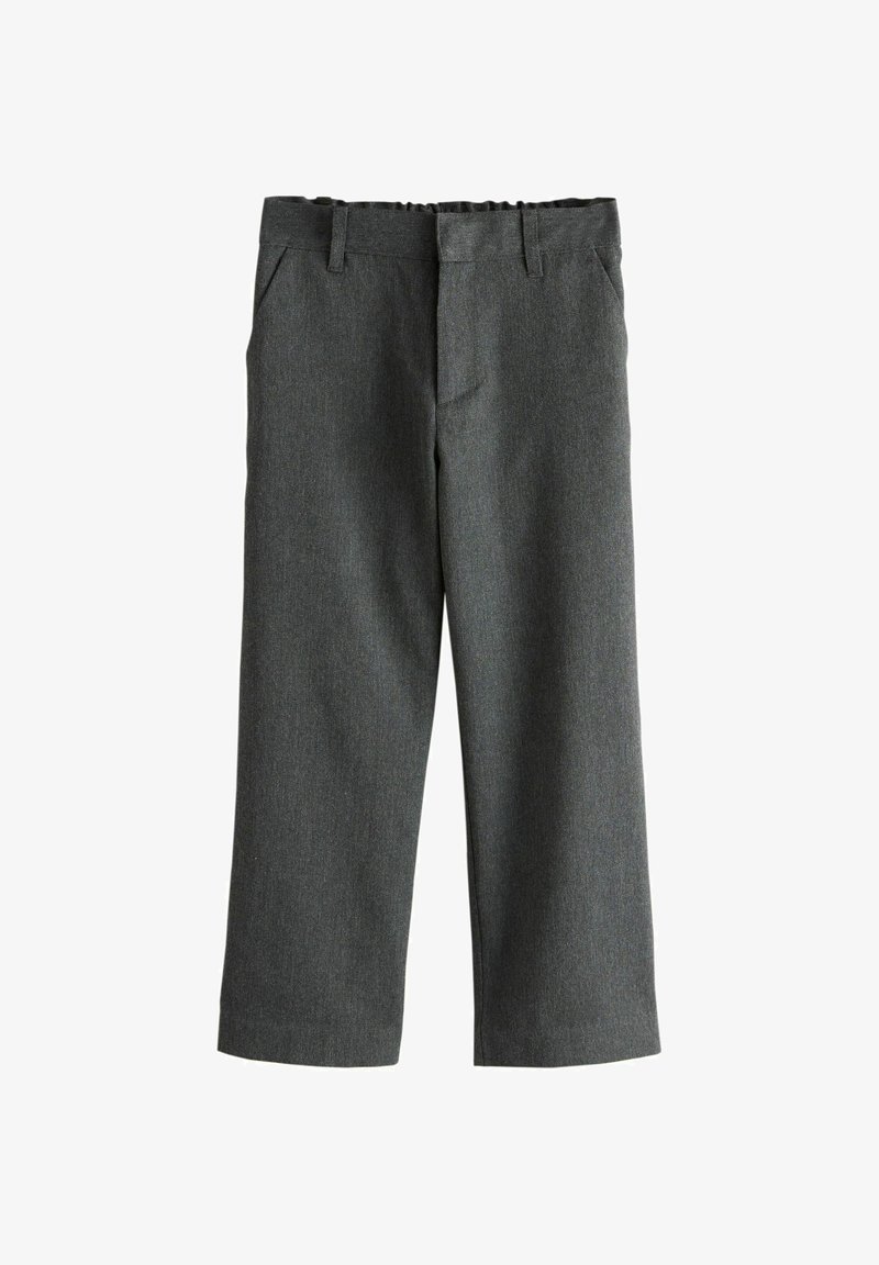 Pantalon gris foncé à jambes droites avec passants de ceinture et poches latérales, présenté à plat sur un fond blanc.