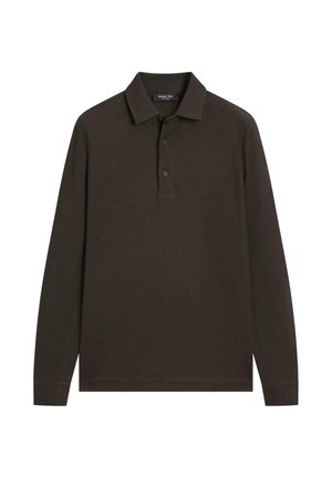 Brązowa koszulka polo z długim rękawem wykonana z bawełny o fakturze, wyposażona w klasyczny kołnierzyk, trzy guziki oraz ściągacze przy mankietach dla dopasowanego wyglądu.