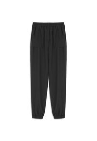 Pantalones jogging negros hechos de tela suave, con una cinturilla elástica, dos bolsillos frontales y puños elásticos en los tobillos.