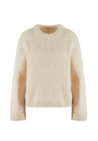 Cremfarbener Strickpullover mit rundem Ausschnitt, langen Ärmeln und einer sanften, strukturierten Oberfläche. Rippbündchen und Saum sorgen für Stabilität.