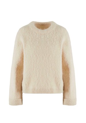 Cremfarbener Strickpullover mit rundem Ausschnitt, langen Ärmeln und einer sanften, strukturierten Oberfläche. Rippbündchen und Saum sorgen für Stabilität.