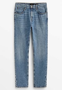 Ljust blå denimjeans med rak skärning, femfickorsdesign och något blekt textur. Har en knapp- och dragkedjestängning.
