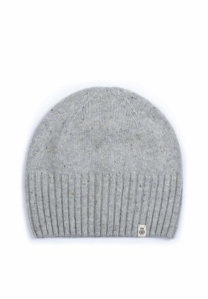 Light gray knitted beanie hat with ribbed lower edge and small rectangular brand label on the bottom right side.
