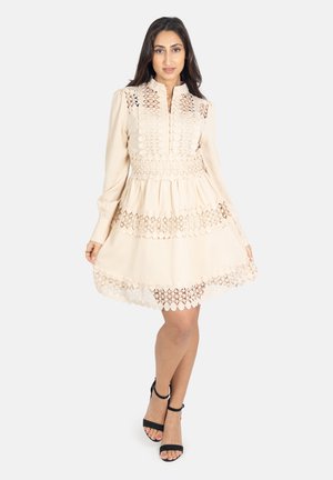 Robe beige clair avec un col haut et des manches longues, dotée de détails en dentelle élaborés au niveau du corsage et de l'ourlet, et d'une jupe évasée.