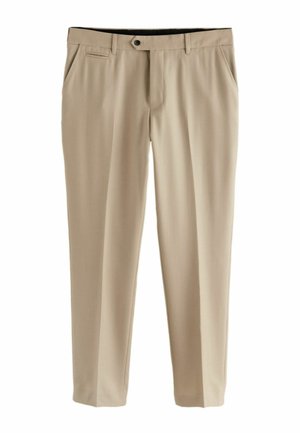 Pantaloni bej dintr-un material neted. Au un front plat, două buzunare laterale și un închidere cu nasture și fermoar.