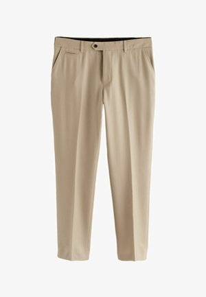 Bēgé krēsla bikses, kas izgatavotas no gludas auduma. Tām ir plakana priekšpuse, divas sānu kabatas un pogu aizdare ar rāvējslēdzēju.