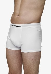 Hvite bomullsboxershorts med tettsittende passform, med en svart "PEGADOR"-logo på livet. Glatt tekstur og klassisk design.