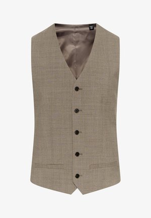Chaleco marrón claro con un diseño de escote en V, tela texturizada, seis botones negros y dos bolsillos laterales. Forro interior suave en un tono más oscuro.