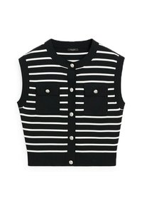 Haut sans manches à rayures noires et blanches avec un col rond, comportant deux poches avant, une fermeture à boutons sur le devant et une texture côtelée.