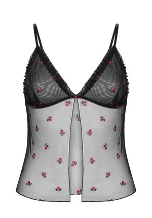 Schwarzes durchsichtiges Oberteil mit verstellbaren Spaghettiträgern, das rote Rosenstickerei, einen V-Ausschnitt und ein geteiltes Design an der Vorderseite aufweist.