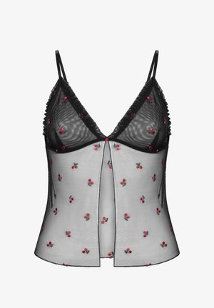 Schwarzes durchsichtiges Oberteil mit verstellbaren Spaghettiträgern, das rote Rosenstickerei, einen V-Ausschnitt und ein geteiltes Design an der Vorderseite aufweist.