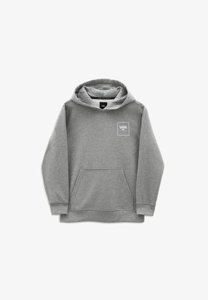 Sudadera gris hecha de una suave mezcla de algodón, con un bolsillo canguro en la parte delantera, capucha ajustable con cordón y un pequeño gráfico en blanco en el pecho.