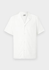 Short-sleeve white shirt made of lightweight fabric, featuring a collar and five front buttons, with a smooth texture. No patterns or accents.