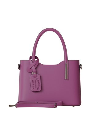 Purple leather handbag with a smooth texture, featuring a knotted accent strap, a detachable shoulder strap, and a leather tag with engraving.