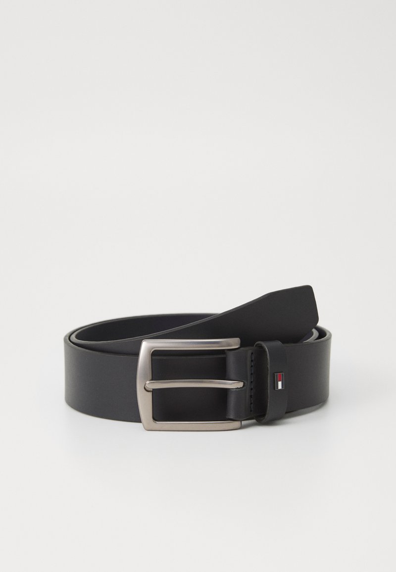 Black leather belt with a silver rectangular buckle, featuring a small logo accent. Smooth texture, classic design, and standard width.