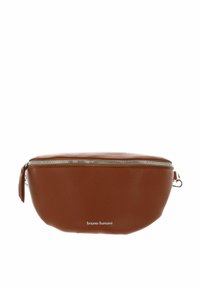 Sac en cuir synthétique marron en bandoulière avec une forme arrondie, fermeture éclair argentée et détail du logo sur le devant. Surface texturée et bandoulière unique.